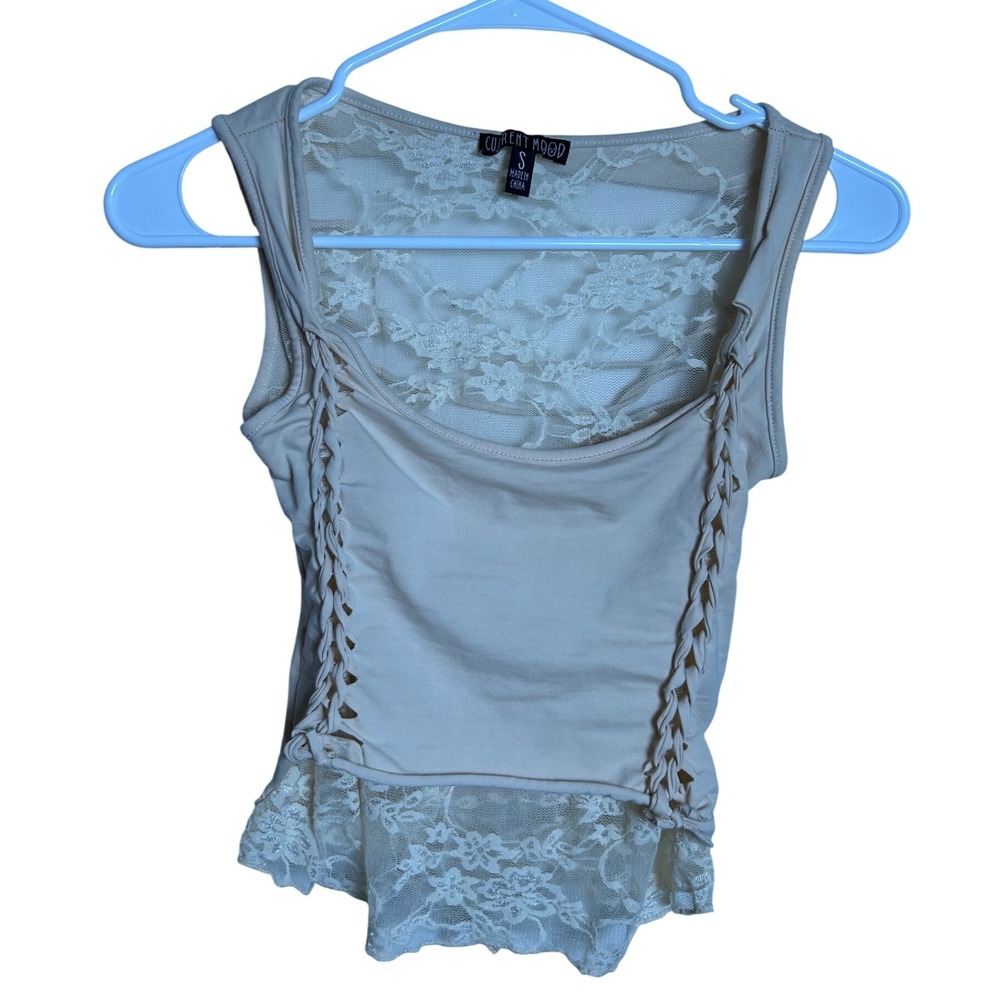 VTG Y2K Tan Lace Up Strappy Back‎ Lace Ruffle Crop Top Small Coquette Festival